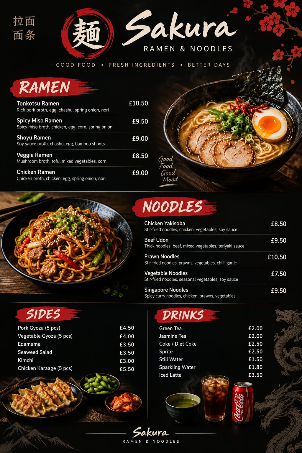 Sakura menu: ramen and its photo in the first row, noodles and its photo in the second row, sides and drinks in the third row. Full dishes and prices are also available as accessible text below.